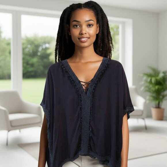 Lulu Womens OSFM Navy Blue Short Sleeve Kaftan Swimming Cover Up Shirt Top - Picture 1 of 10